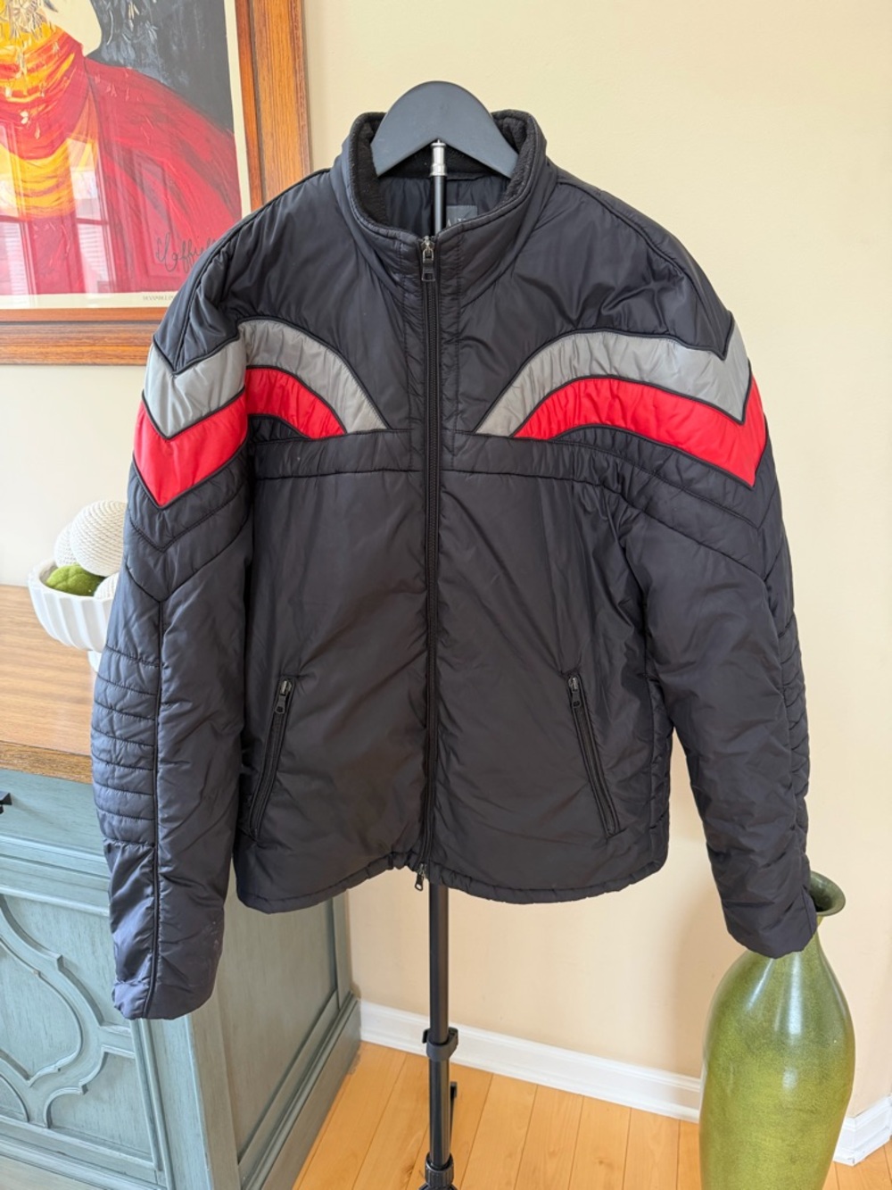 Armani Exchange Mens Puffer Jacket Black Red Gray XL Zip Coat